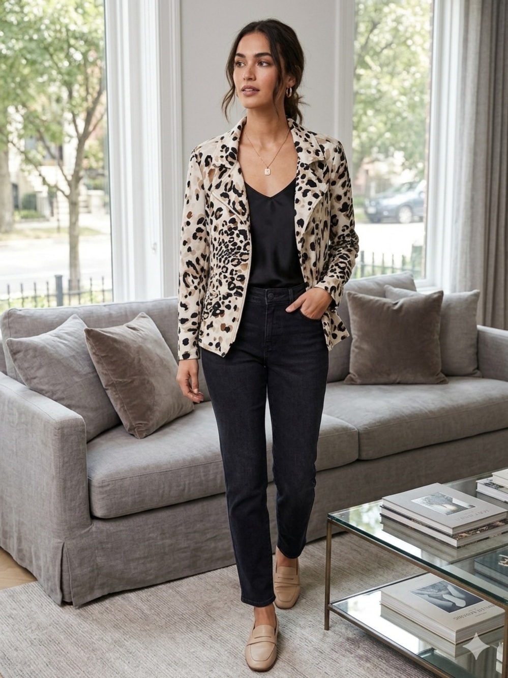 Chico's Leopard-Print Moto Jacket in Beige, Black and Tan size 1
